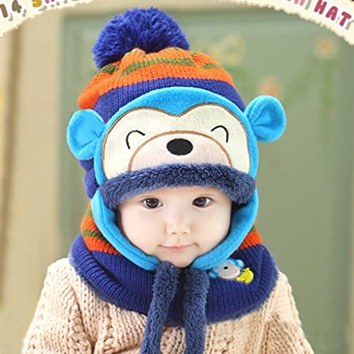 Lifemall Lovely Cute Monkey Winter Baby Kids Girls Boys Warm Knit Wool Hood Scarf Earflap Beanie Caps Hats (Blue)