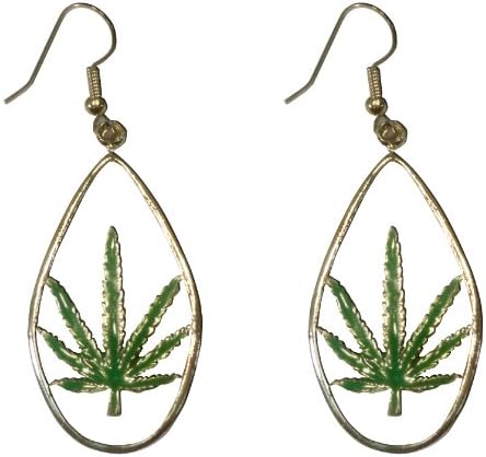Marijuana Pot Leaf Green Enamel on Pewter Dangle Earrings
