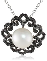Sterling Silver Freshwater Cultured Pearl and Black Diamond Pendant Necklace, (0.4 cttw), 18"