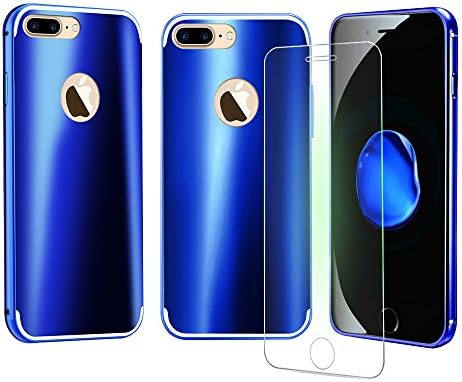 JUNCHI IPhone7Plus Case, Luxury Metal Aluminum Ultra-thin Mirror Case Ultra Slim Lightweight Metal Bumper + Mirror Hard PC Back Protective 2in1 Case for iPhone7 Plus 5.5inch(blue)