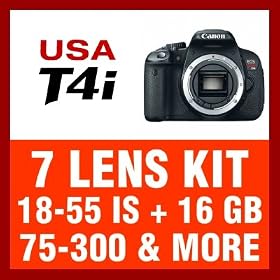 Canon EOS Rebel T4i Digital SLR Camera Body with 7 Lens Kit including 3 Canon Lenses: EF-S 18-55mm f/3.5-5.6 IS, Zoom Telephoto EF 75-300mm f/4.0-5.6 III & EF 50mm f/1.8 II + 500mm f/8.0 Preset Telephoto + 650-1300mm f/8.0-16.0 Long Range Lens + 16 GB & Deluxe Accessory Bundle