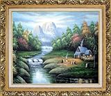 IMAGE OF Landscape River Lake Oil Painting 26 x 30 inches, with Ornate Antique Dark Gold Wood Frame