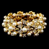 Bridal Jewelry Crystal Rhinestone Pearl Leaf Stretch Bracelet Gold Ivory Creme Bridal Jewelry Crystal Rhinestone Pearl Leaf Stretch Bracelet Gold Ivory Creme