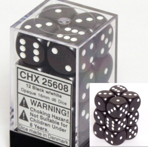 Childrens Toyshop  Toys : Opaque 16mm d6 Black w/White Dice Block 12 pipped dice