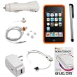 GTMax Orange Soft Rubber Silicone Skin Cover Case + Rapid Car Charger + Home Charger + USB Data Cable + 3.5mm Stereo Headset + Full Front LCD Screen Protector + Stylus Silver for Apple iPod Touch 8GB 32GB 64GB 3rd 3G Generation NEWEST MODEL