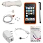 GTMax Orange Soft Rubber Silicone Skin Cover Case + Rapid Car Charger + Home Charger + USB Data Cable + 3.5mm Stereo Headset + Full Front LCD Screen Protector + Stylus Silver for Apple iPod Touch 8GB 32GB 64GB 3rd 3G Generation NEWEST MODEL