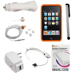 GTMax Orange Soft Rubber Silicone Skin Cover Case + Rapid Car Charger + Home Charger + USB Data Cable + 3.5mm Stereo Headset + Full Front LCD Screen Protector + Stylus Silver for Apple iPod Touch 8GB 32GB 64GB 3rd 3G Generation NEWEST MODEL