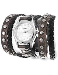 Silver Stud Wrap Watch in Black and Gray Braided Leather