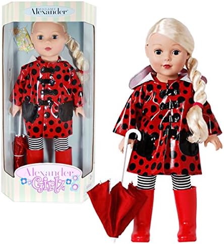 Madame Alexander Girlz Year 2014 Raincoat Series 18 Inch Doll Set - Caucasian Blonde Girl Doll in Red and Black Polka Dots Raincoat with Red Boot and Umbrella