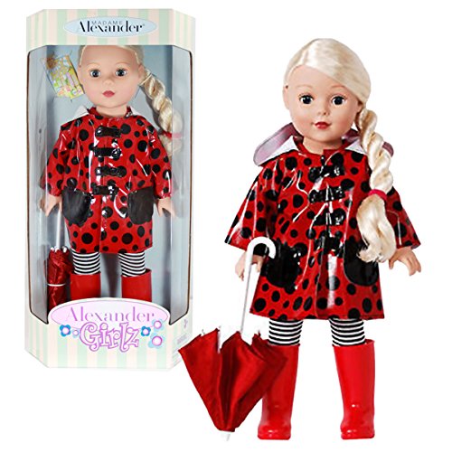 Madame Alexander Girlz Year 2014 Raincoat Series 18 Inch Doll Set - Caucasian Blonde Girl Doll in Red and Black Polka Dots Raincoat with Red Boot and Umbrella