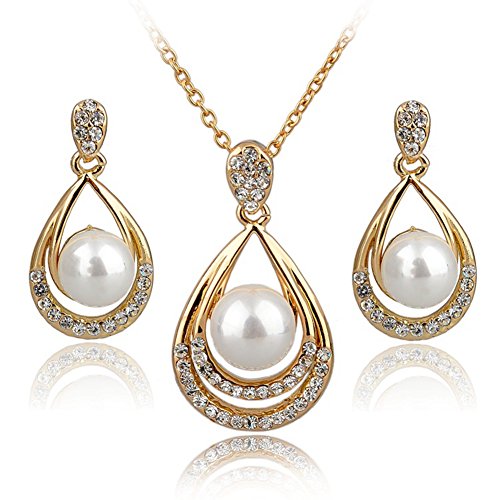 YiaMia Pearl Necklace and Earrings Set, Fashion Jewelry Sets for Women - 18k Gold Jewellery Set, Wedding Jewelry (Gold Crystal Necklace)