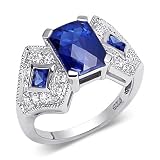 Majestic Radiant Cut Checker Board Created Blue Sapphire & White CZ Size 7 Gemstone Ring in Sterling Silver