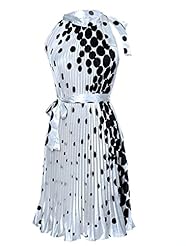 Sleeveless Pleated Polka Dot Print  Dress With a Sash 