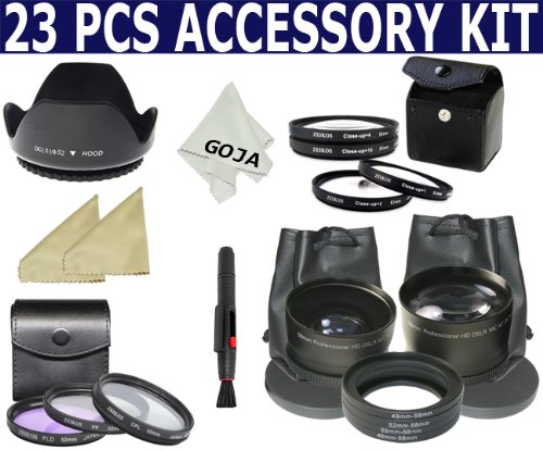 23 Pcs Kit For NIKON D60 D80 D40 D3000 D5000 D80 (with the ring), Includes: 58MM 2.0x Telephoto + 0.45x Wide Angle + 4 Rings (46, 49, 52, 55)+ Hood+ UV CPL FD Filters + Close up +1+2+4+10+ Lens Pen+ 3 Microfiber Cleaning Cloths GOJA Logo+ MORE!!!