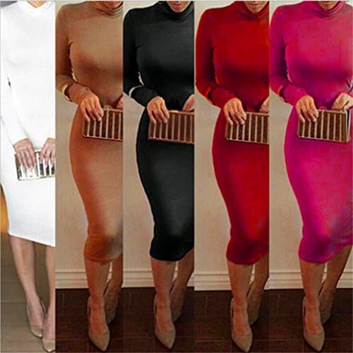 Womens Turtleneck Long Sleeve Mid Length Bodycon Bandage Dress (S, Hot Pink)