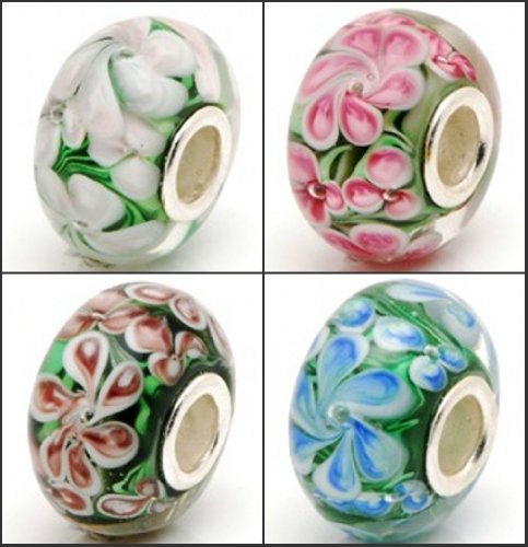 (Free Shipping) 4 Flower Sisters Hawaii Garden Blue Pink Light Pink Purple and Brown Color Flower .925 Stamped Solid Sterling Silver Core Murano Glass Beads Charms Fit Pandora Chamilia Biagi Trollbeads Bracelets