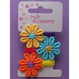 Hair Accessories - Girls Pretty Card of 3 Bright Coloured Embroidered Daisy Ponios.by Lady Isla Fashion