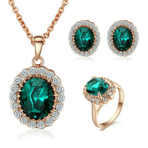 [Retro Series] Yoursfs 18k Rose Gold Plated Oval Green Gemstone Emerald Earring and Ring and Necklace Set