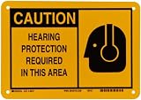 Brady 46471 10 Width x 7 Height B-555 Aluminum, Black on Yellow Alert Sign, Header Caution, Legend Hearing Protection Required In This Area (with Picto)