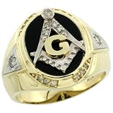 10k Gold Men's Freemasonry Rhodium Accented Masonic Oval Diamond Ring w/ Black Onyx Stone & 0.261 Carat Brilliant Cut Diamonds, 11/16 in. (18mm) wide, size 11