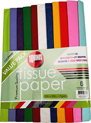 ClassyStylez Acid Free Gift Wrap Tissue Paper - 20 x 30 - Bright Colored 110 Sheet Bulk Pack/10 Sheets Per Color/BONUS 10 Sheets of White - Use for Pom Poms, Flowers, Packing, Wrapping and Much More!