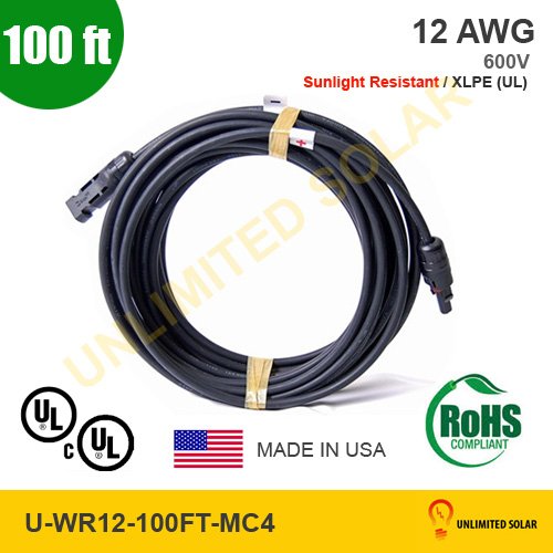 Solar Panel Cable 100 Ft - Mc4 Pv Extension- 12awg - 600vdc - Sunlight Resistant On Sale