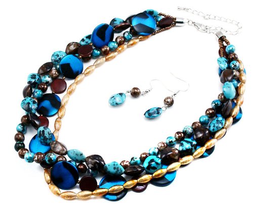 Teal Brown Gold Disc Beaded 4-Row Necklace and Earring Set