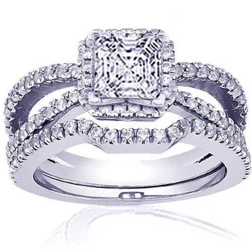 1.50 Ct Asscher Cut Halo Diamond Engagement Wedding Rings Set VS2 CUT:VERY GOOD