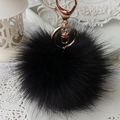 18 K Gold Plated Keychain with Real Fox Fur Ball Keychain for Car Key Ring Handbag Tote Bag 10CM 3.9IN (black)
