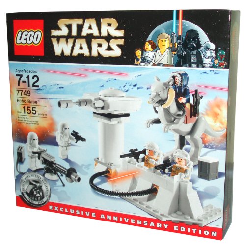 Lego Star Wars Series Exclusive Anniversary Edition Battle Scene Set # 7749 - ECHO BASE with 5 Minifigures (2 Snow Troopers with E-Web Blaster, 2 Rebel Troopers and Han Solo in Hoth Winter Gear) and Anti-Infantry Laser Battery with Opening Turret Door and Flick Fire Fissiles Plus First Time Ever Lego Tauntaun Figure (Total Pieces: 155)
