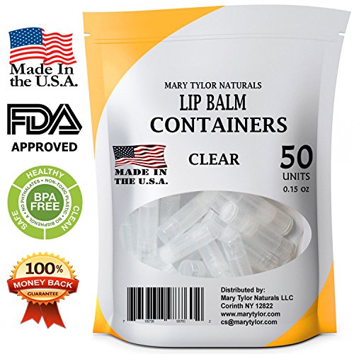 50 Clear Lip Balm Container Round Tubes, Made in USA,, FDA Approved, 100% BPA Free, with Clear Caps by Mary Tylor Naturals, for DIY Lipstick, chapstick, homemade Lip Balm (50, Clear)
