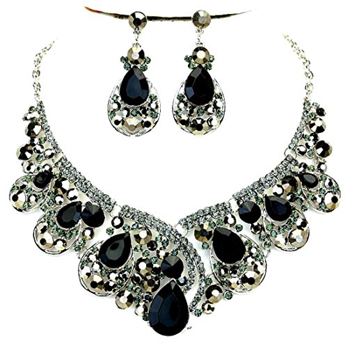 Black Gray Rhinestone Crystal Statement Silver Chain Necklace Earrings Set Affordable Wedding Jewelry