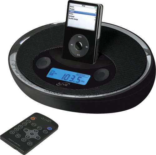 iLive ICR6307DTBLK iPod Docking System with Digital Tune AM/FM Stereo Dual Alarm Clock Radio with Remote Control in Black