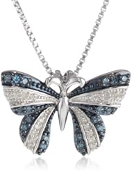 XPY Sterling Silver White and Green Diamond Butterfly Pendant Necklace, 18"