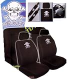 Skull and Crossbones Auto Accessory Interior Package - Low Back Seat Covers, Seat Belt Shoulder Pads Steering Wheel Cover