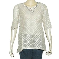 Ladies Kurta Off-white Silk Long Sleeve Top Blouse Embroidery Size S