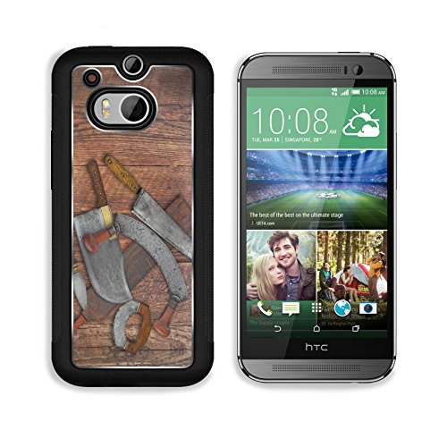 MSD Premium HTC One M8 Aluminum Backplate Bumper Snap Case vintage kitchen knives and sharpening tools collage over old wooden table space for your text IMAGE 30203137