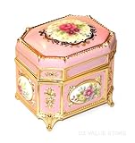 Jewelry Box, Octagonal Shape Victorian Floral Musical Box, Pastel Pink