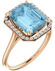 14K Rose Gold 10.00x8.00mm Emerald Cut Aquamarine and Diamond Halo-Style Ring -- LIFETIME WARRANTY