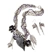 Gun Metal and Faux Pearl Leaf Charm Statement Necklace and Earrings Set Fashion Jewelry