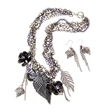 Gun Metal and Faux Pearl Leaf Charm Statement Necklace and Earrings Set Fashion Jewelry