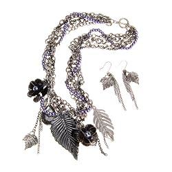 Gun Metal and Faux Pearl Leaf Charm Statement Necklace and Earrings Set Fashion Jewelry