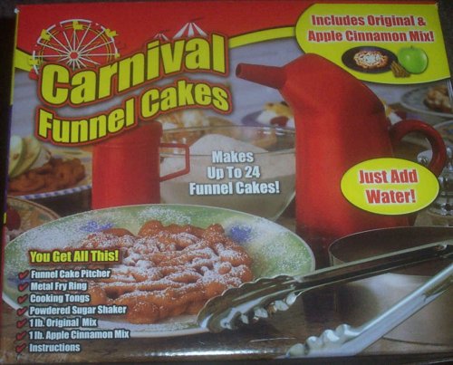 Carnival Funnel Cakes Makes 24 Cakes with Metal Fry Ring, Cooking Tongs, Powdered Sugar Shaker, Reg and Apple Cinnamon Mix