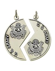 Sterling Silver Army Mizpah Sweetheart Protect my Soldier Medal Coin Pendant Necklaces with Genesis 31:48 on Back Military Soldier Army Wife Gift Boxed, 18" chain for her half and 24" for his