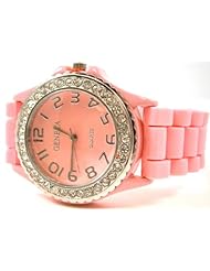 Pink Geneva Crystal Rhinestone Large Face Watch with Silicone Jelly Link Band