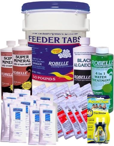 Robelle 1" Chlorine Feeder Tabs, Clarifier, Mineral Out, Black Algaecide, Shock, Test Strips Swimming Pool Chemical Kit For Pools Up To 30,000 Gallons