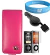 Ipod Nano 5g Belt clip Magenta Flip Carrying Case for Apple Ipod Nano 5th generation 8GB 4GB + Screen Protector + Retractable Car Charger + Wristband