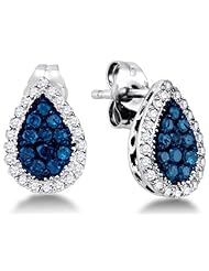 10K White Gold Round Brilliant Cut Blue and White Diamond - Pear Shape Channel Set Studs Earrings with Secure Push Back Closure - (.53 cttw.)