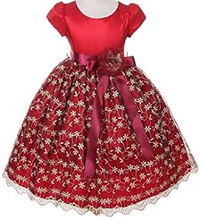 Girls Two-Toned Tea Length Lace Embroidered Cap Sleeves Satin/Taffeta  Dress With a Ribbon  and a Sash 