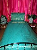 3p Aqua Floral Silk Sari Indian Bedding Bedspread-twin